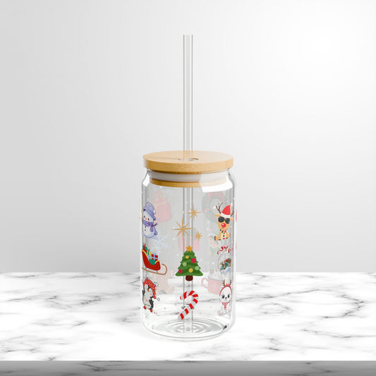 Christmas Spirit Glass Cup with Lid and Straw